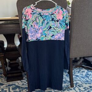 Lilly Pulitzer Finn Dress Navy Floral Long Sleeve EUC SMALL LONG SLEEVE